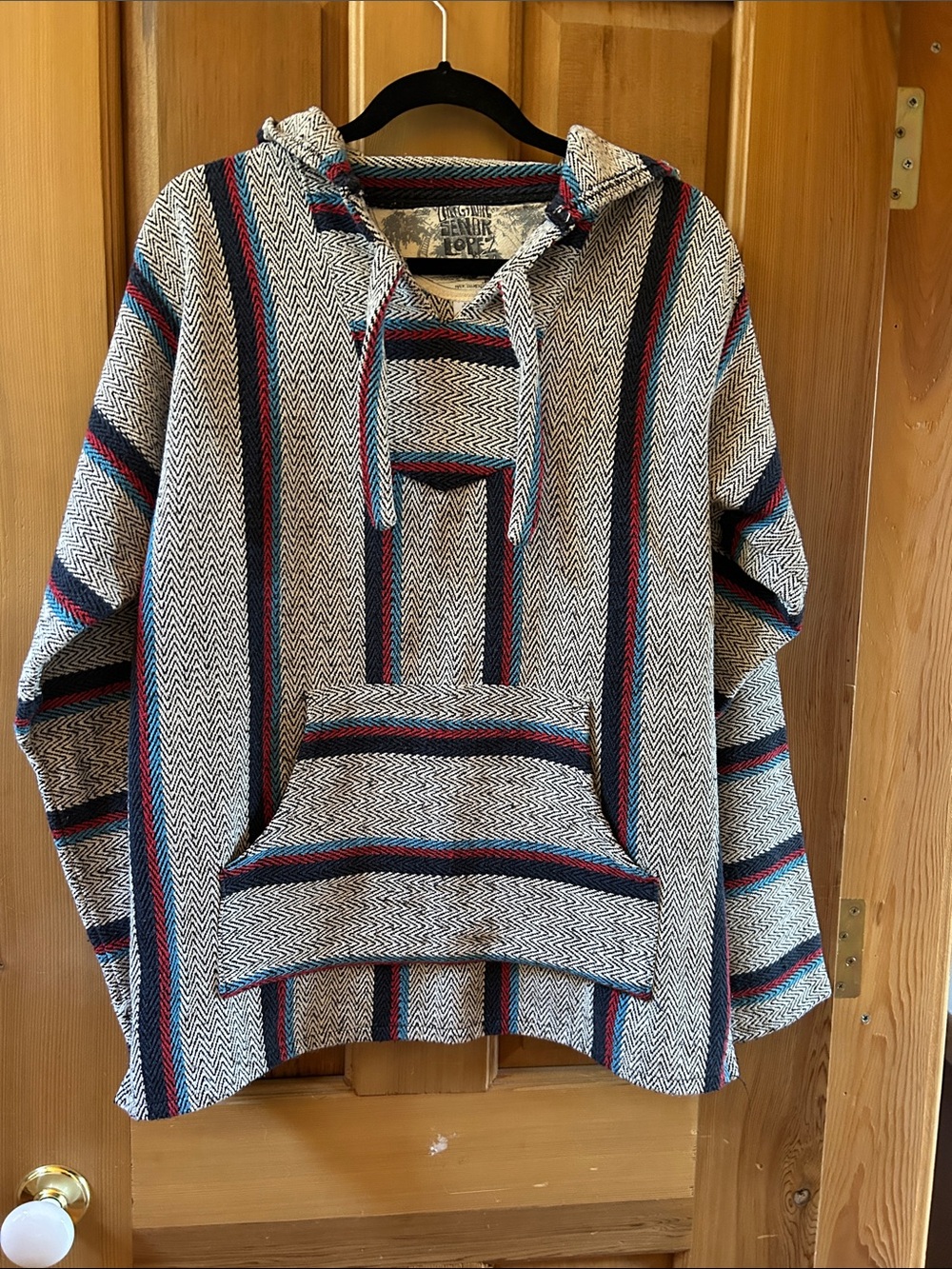 Original Senor Lopez Striped Cream Baja-StyleHoodie with Black & Blue Accents